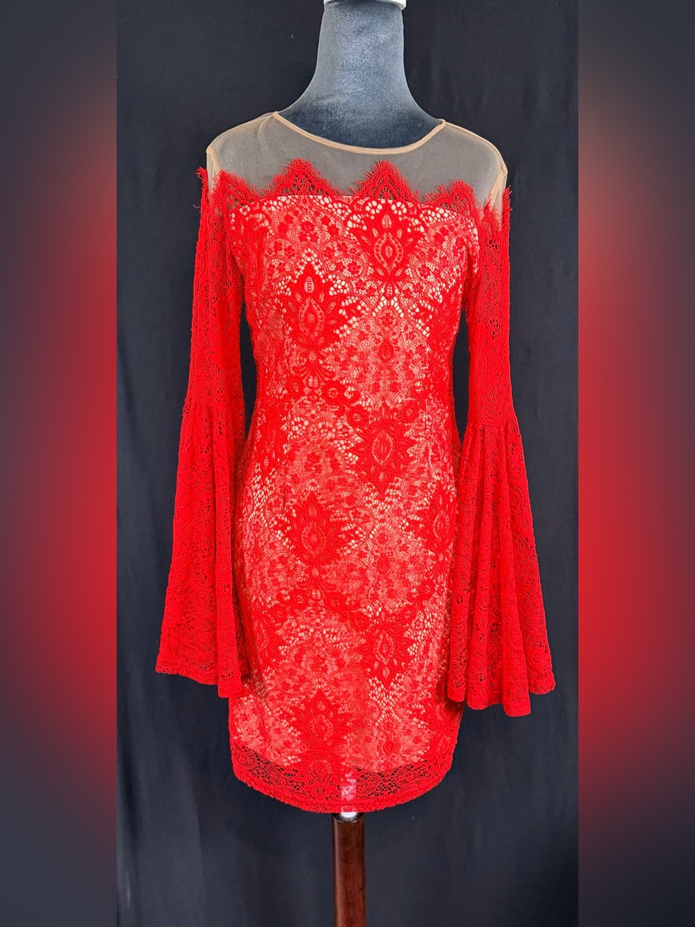 Blithe Red Dress Lace Off-Shoulder sheer mesh Midi with Trumpet Bell Sleeves